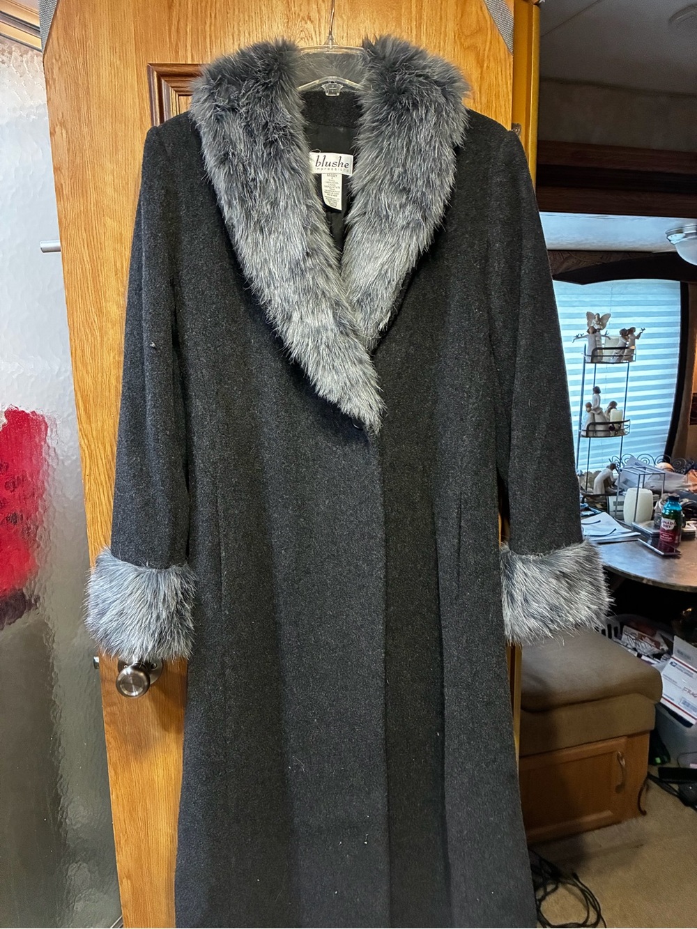 Blushe Dark Gray Long Coat with Gray Faux Fur Trim